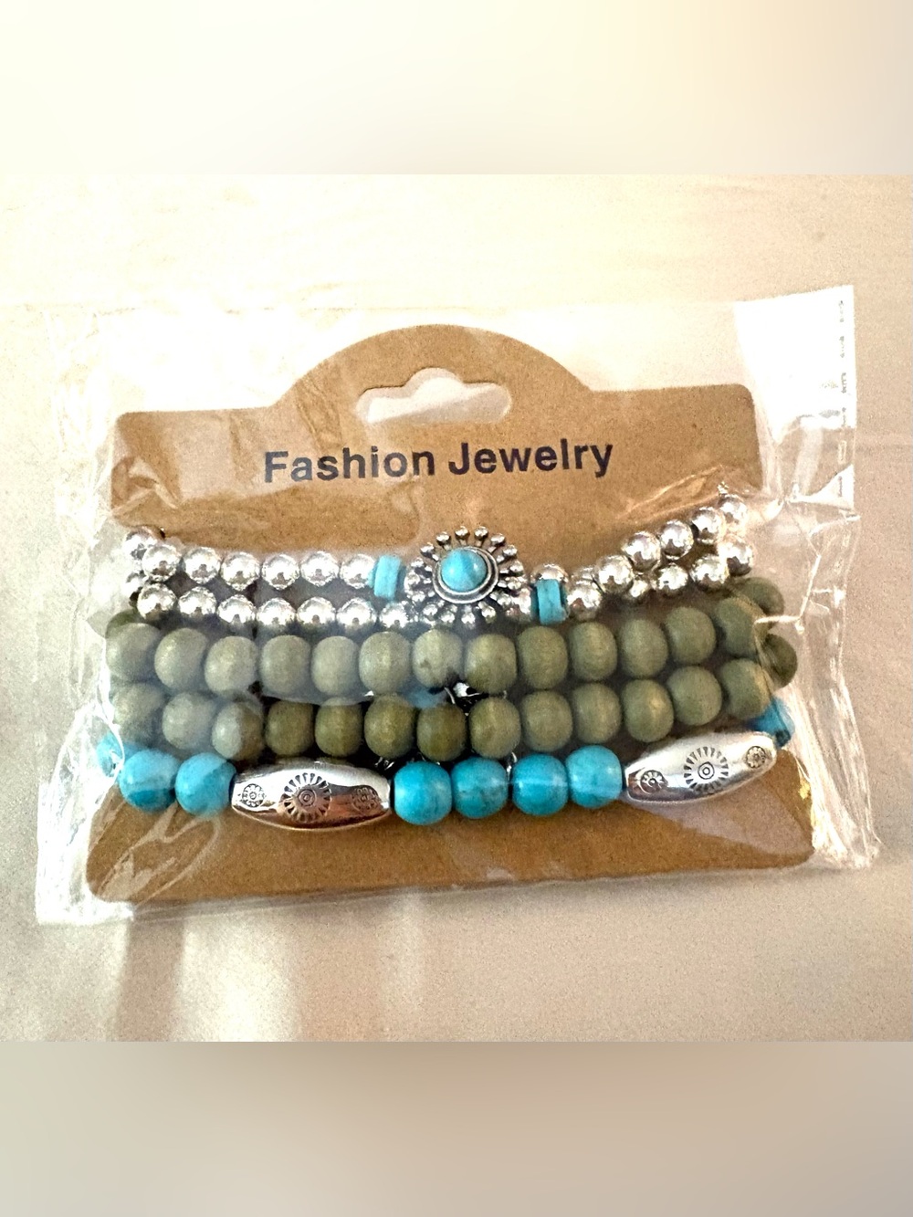 Fashion Jewelry Turquoise & Olive Green Beaded Bracelet Stack. NWT.